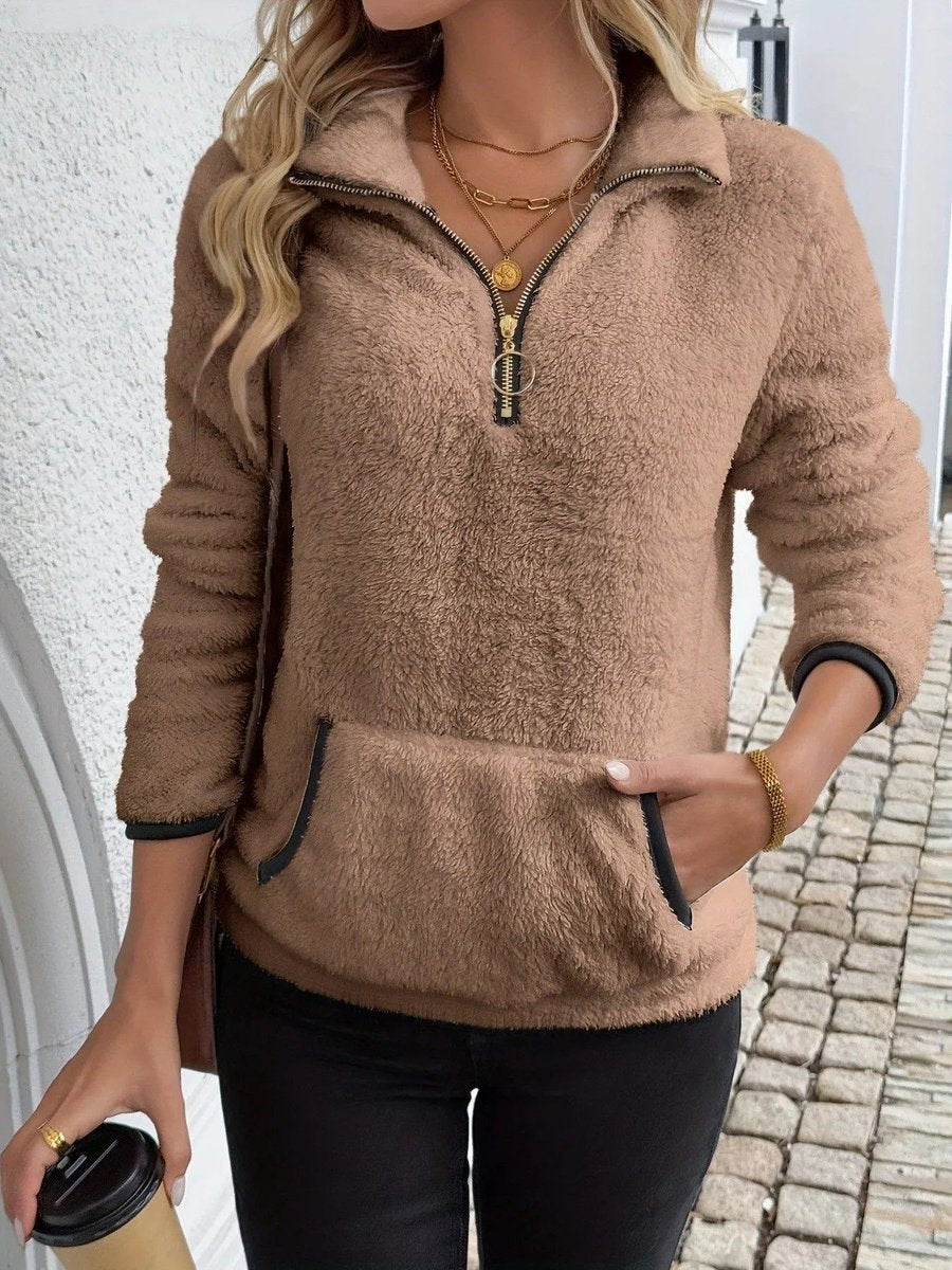 Womens Cardigan Fluffy Half-Zip Fleece Pullover Jumper - Brown