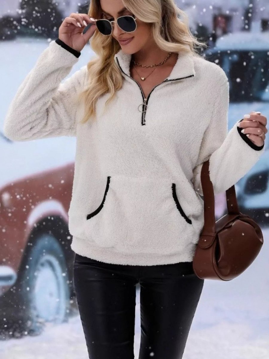 Womens Cardigan Fluffy Half-Zip Fleece Pullover Jumper - White