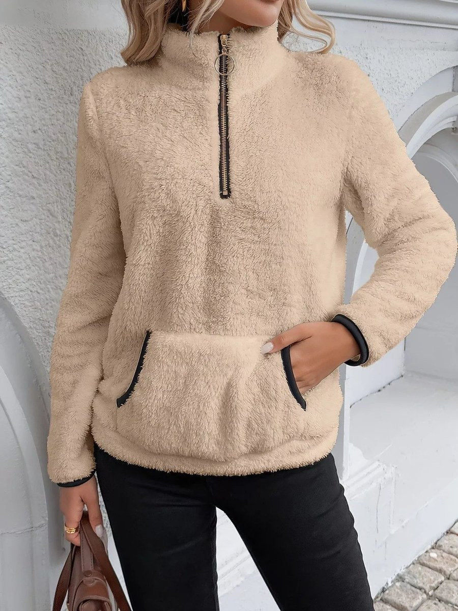 Womens Cardigan Fluffy Half-Zip Fleece Pullover Jumper - Khaki