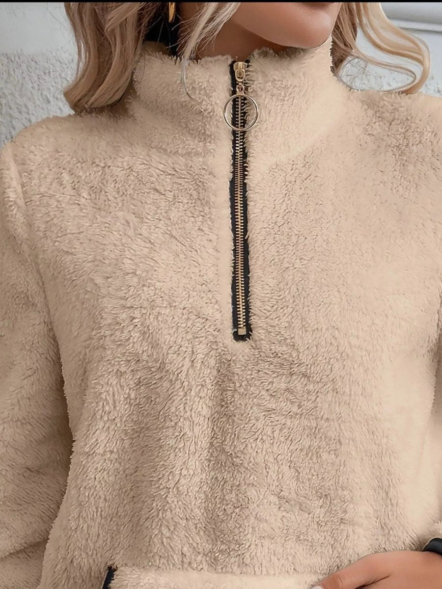 Womens Cardigan Fluffy Half-Zip Fleece Pullover Jumper