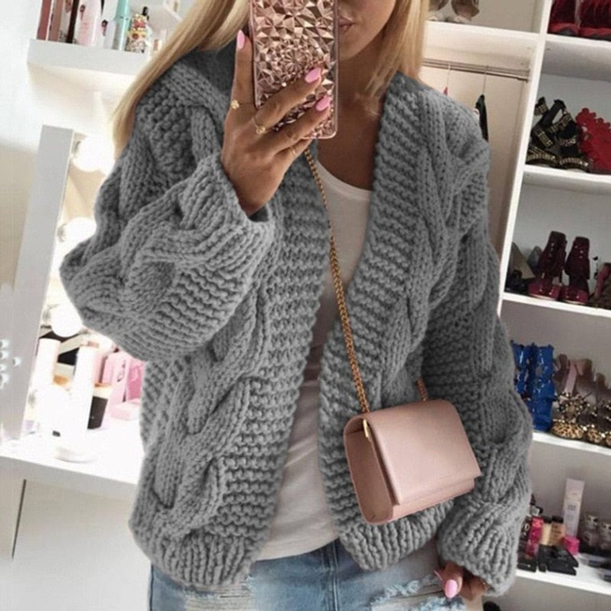 Womens Cardigan Oversized Open-Front Chunky Cable Knit - Grey