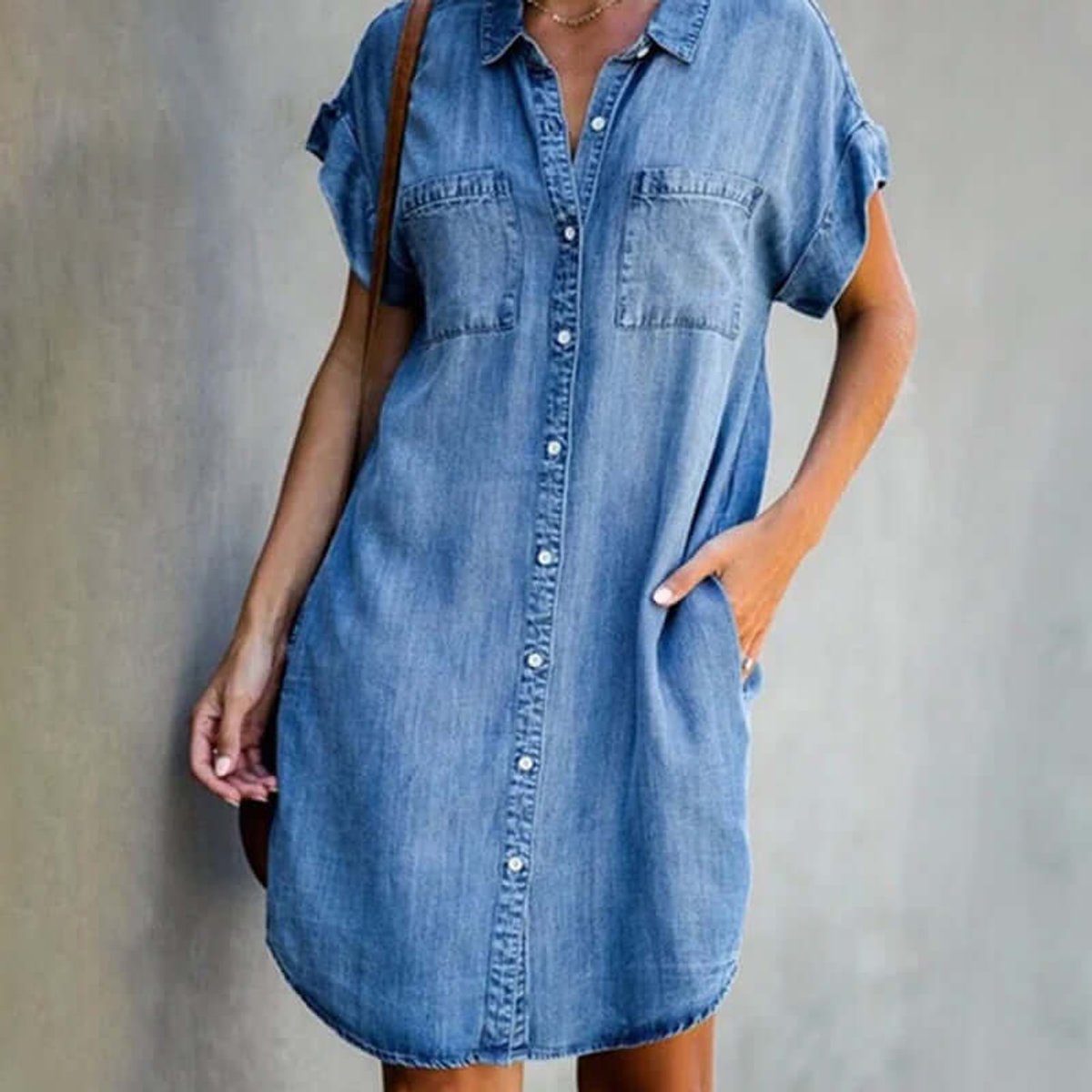 Women's Casual Denim Shirt Party Dress Button-Front Mini - Light Blue