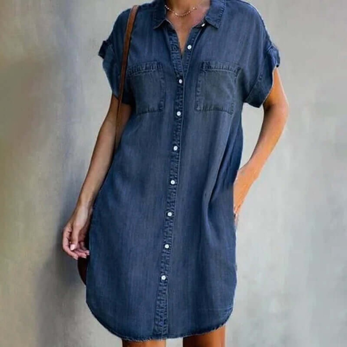 Women's Casual Denim Shirt Party Dress Button-Front Mini - Dark Gray