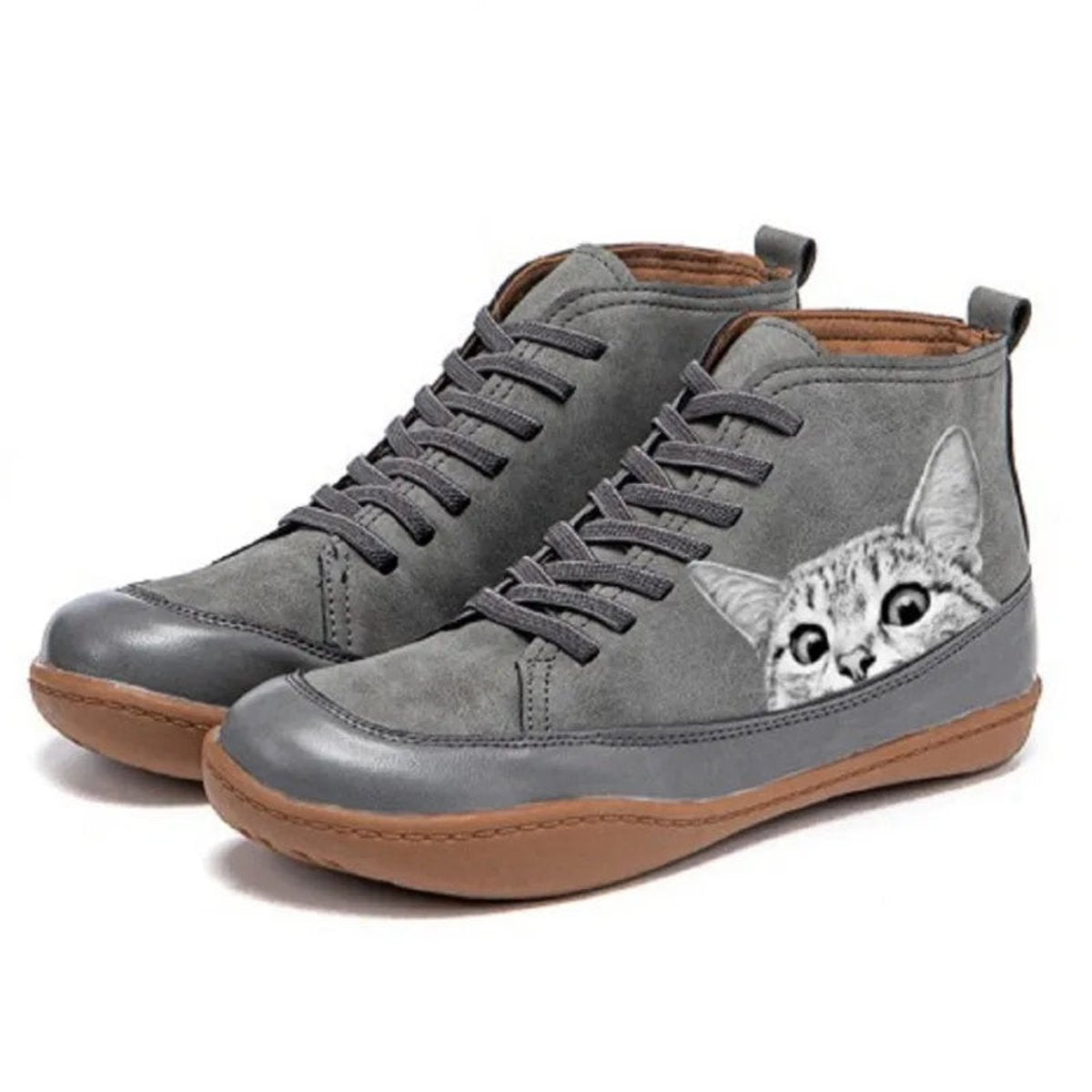 Women's Cat Print Lace-Up High-Top Leather Ankle Boots - Grey