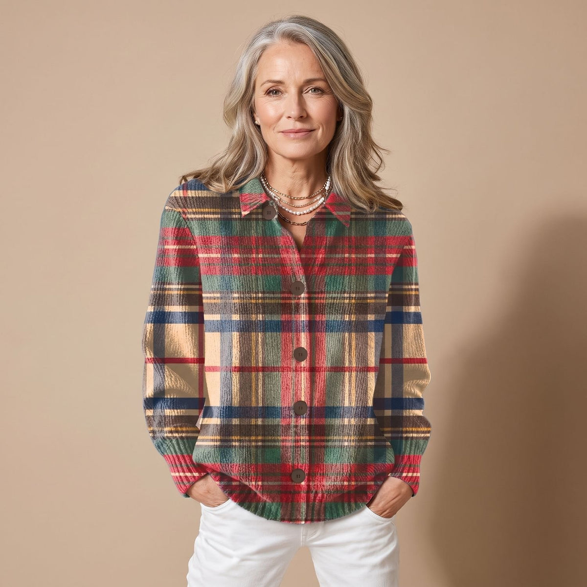 Women's Checked Shacket Long-Sleeve Button Plaid Cardigan - Multicolour