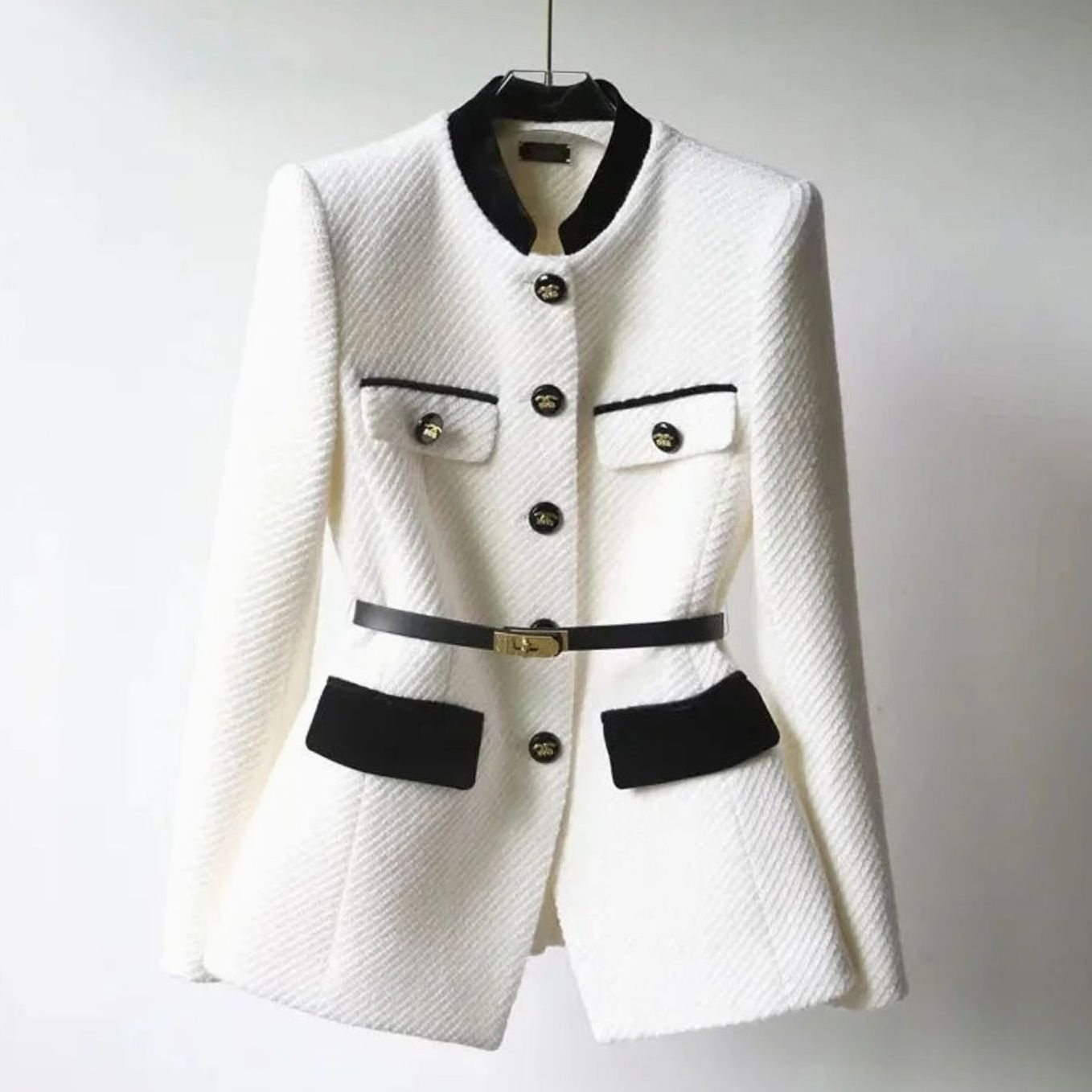 Women's Chic Belted Button-Detail Tailored Coat - White
