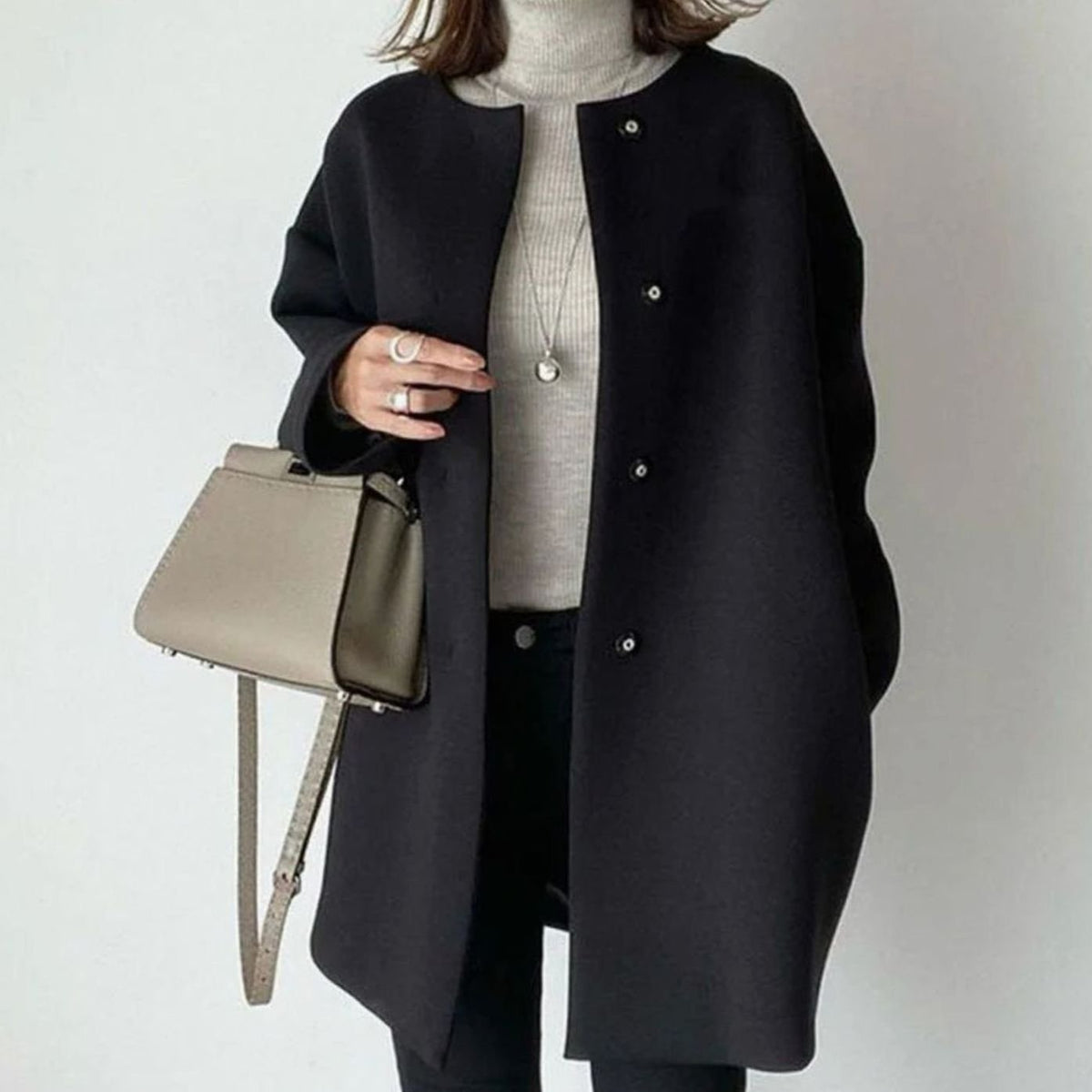 Women's Chic Collarless Button-Front Longline Coat - Black