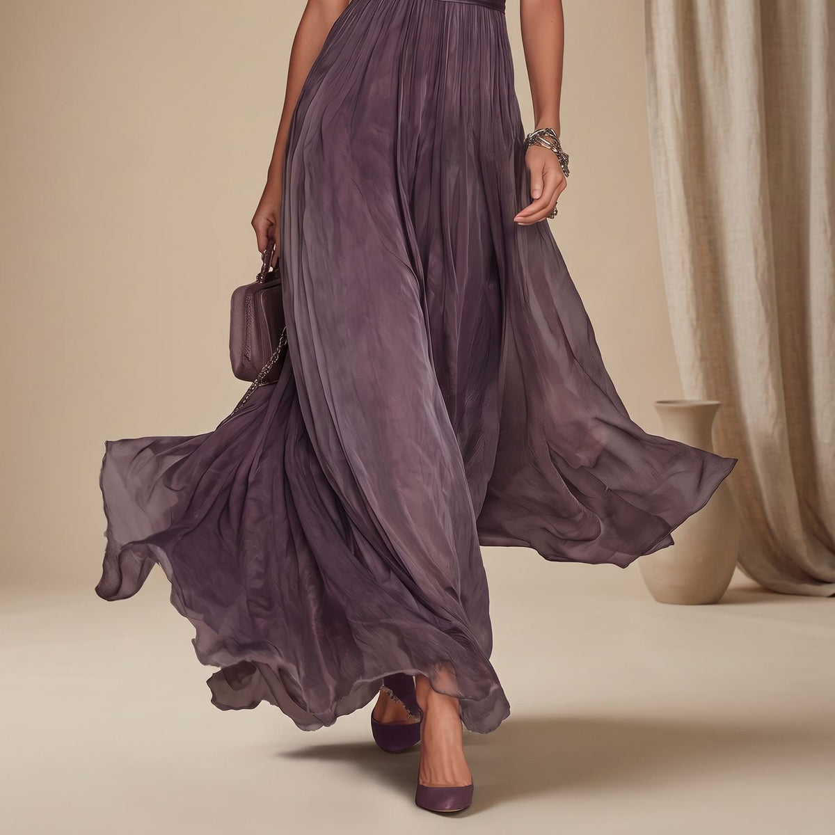 Women's Chiffon Lace Trim Keyhole Maxi Cocktail Party Dress