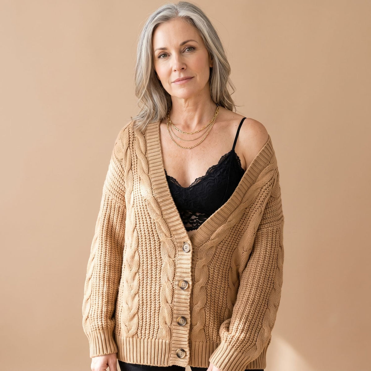 Women's Chunky Cable Knit Oversized Button-Front Cardigan - Khaki