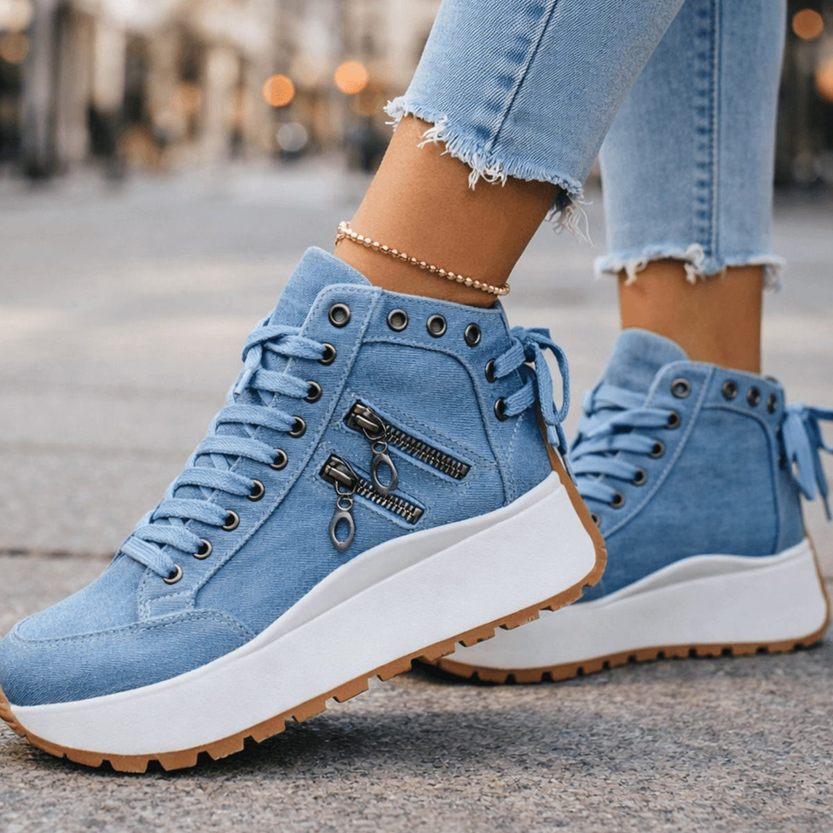 Women's Chunky Platform Lace-Up High-Top Trainers Zip Detail