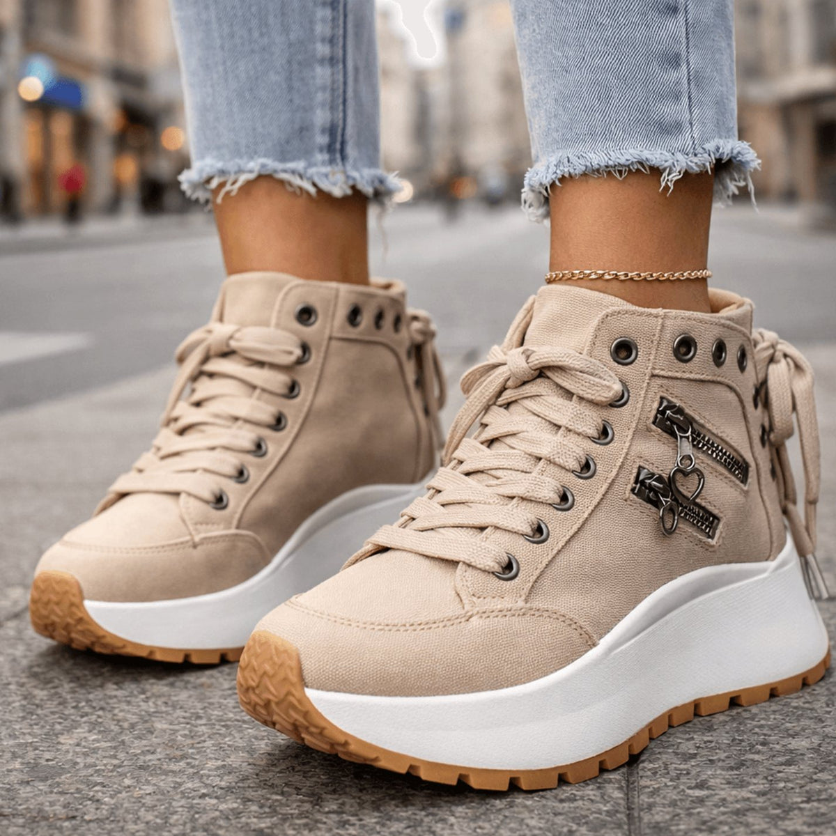 Women's Chunky Platform Lace-Up High-Top Trainers Zip Detail