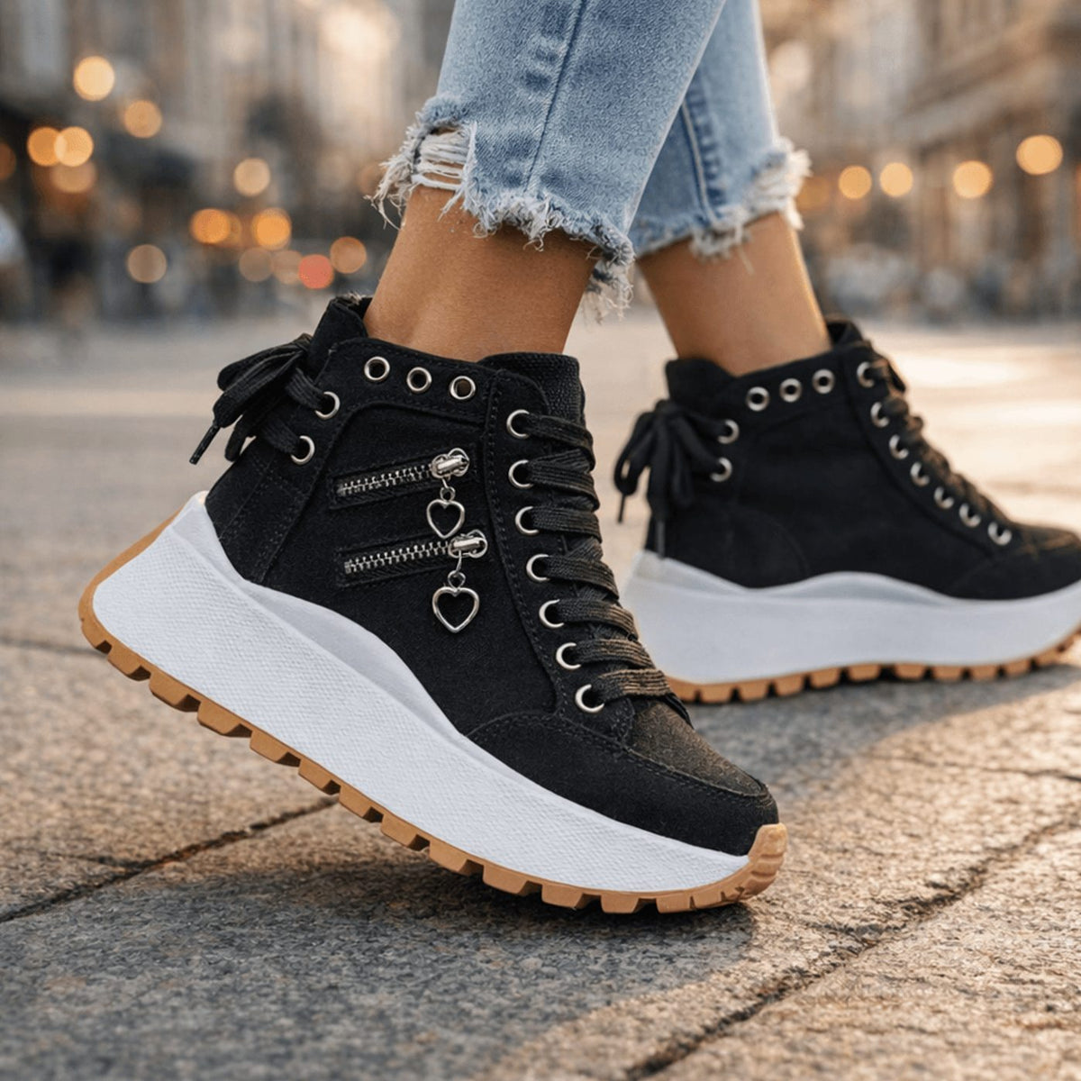 Women's Chunky Platform Lace-Up High-Top Trainers Zip Detail