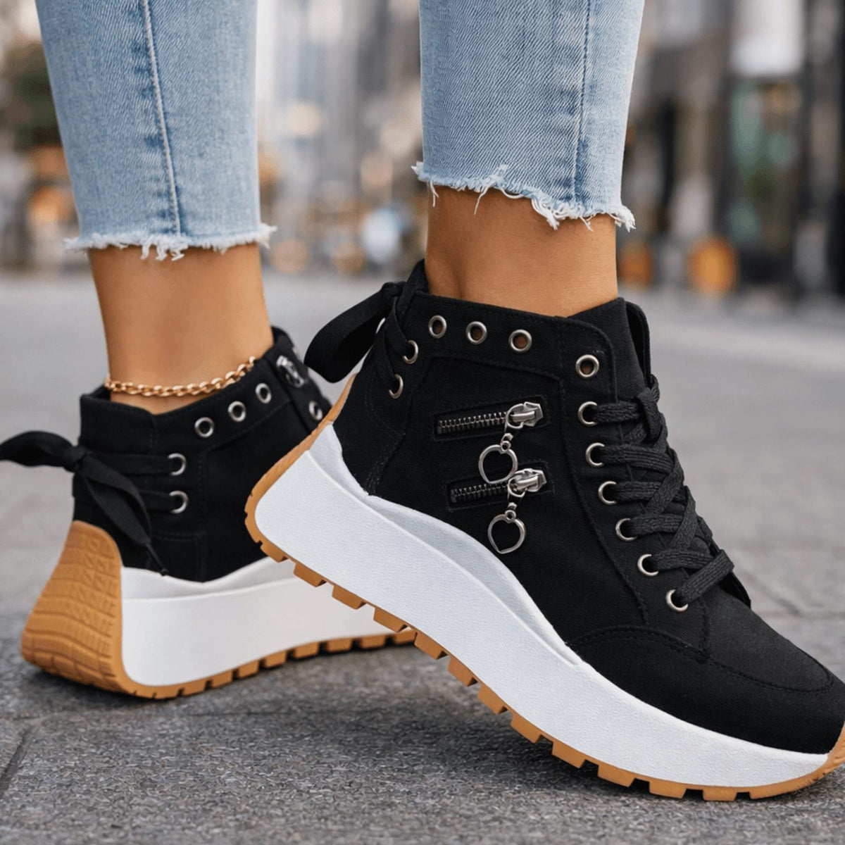 Women's Chunky Platform Lace-Up High-Top Trainers Zip Detail
