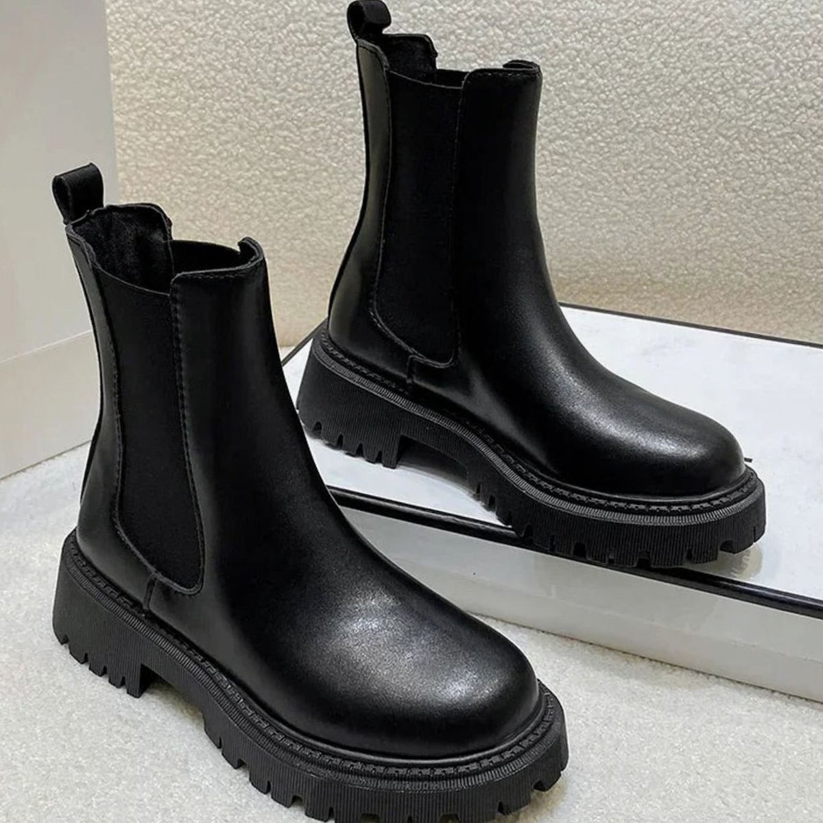 Women's Chunky-Sole Slip-On Chelsea Ankle Boots - Black