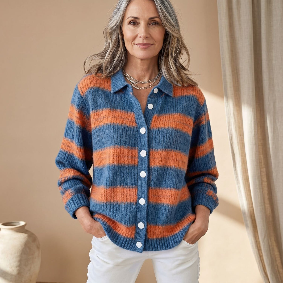 Women's Chunky Striped Knitted Cardigan Button-Up Collared Jumper - Orange / Blue