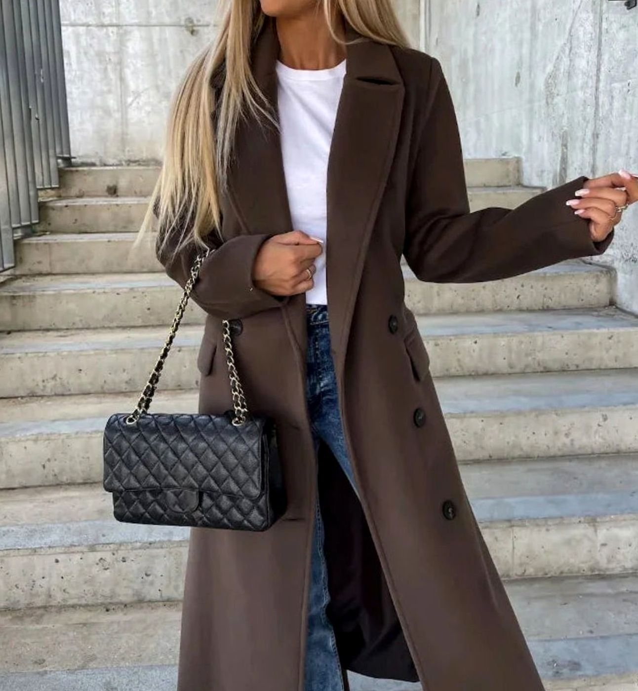 Women's Classic Long Double-Breasted Trench Coat - Dark Brown