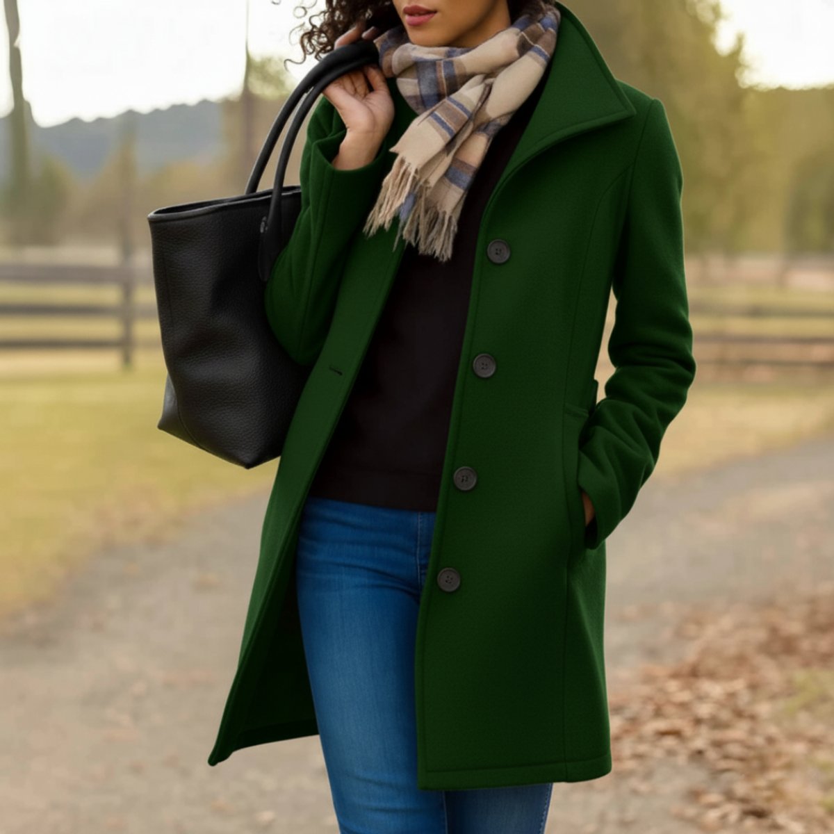Women's Classic Mid-Length Single-Breasted Wool-Look Coat - Dark Green