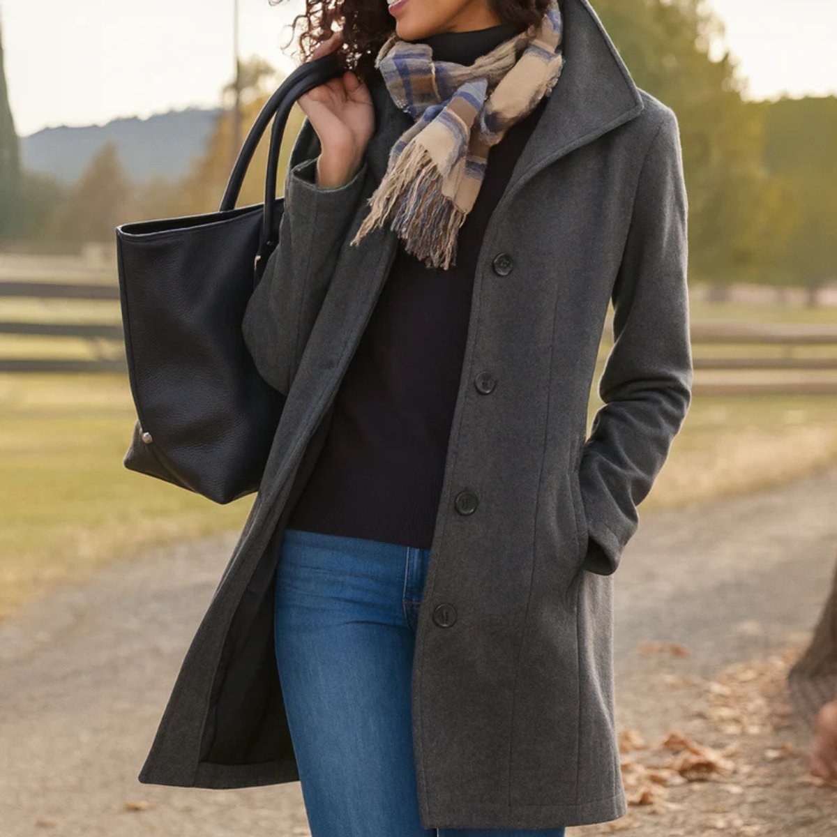 Women's Classic Mid-Length Single-Breasted Wool-Look Coat - Grey