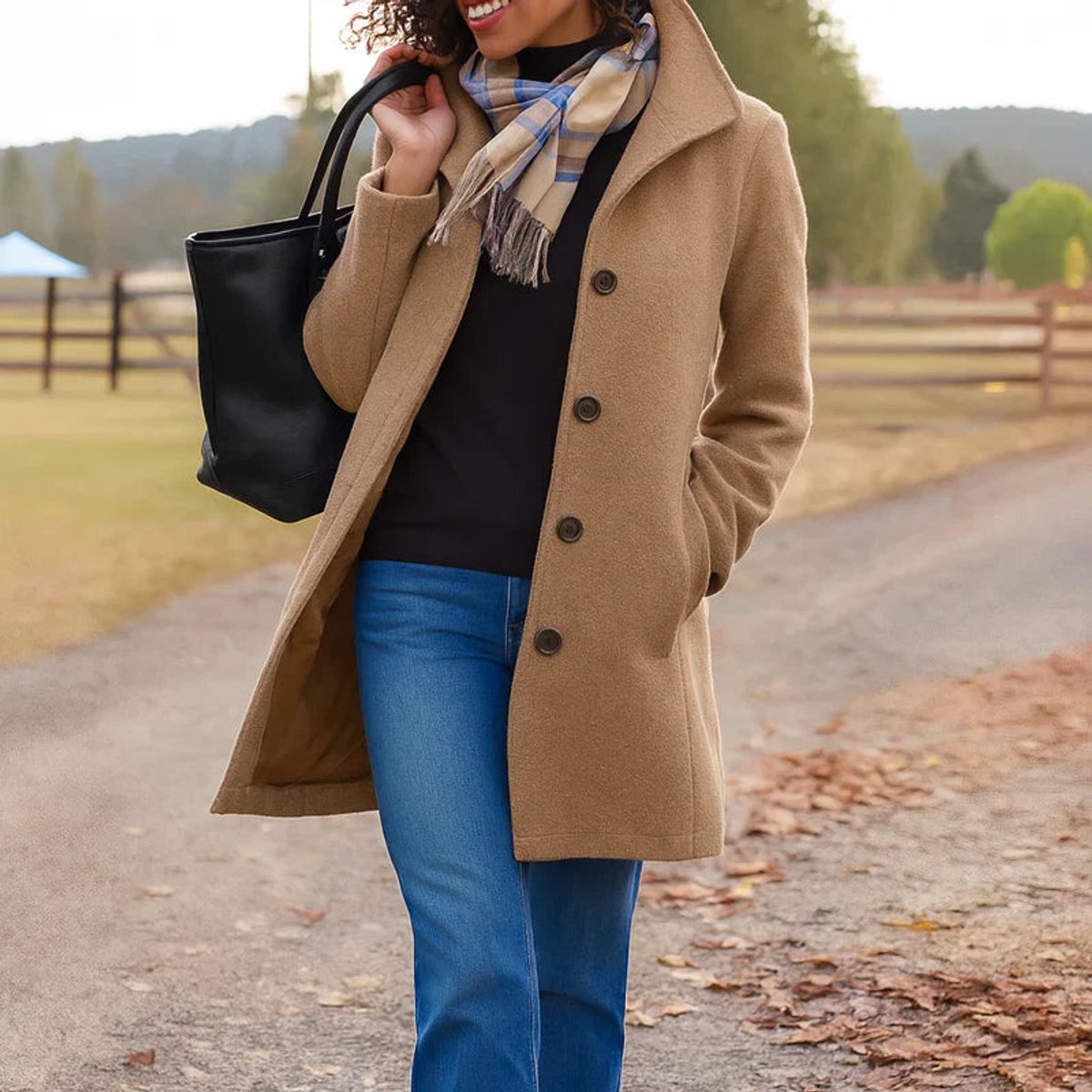 Women's Classic Mid-Length Single-Breasted Wool-Look Coat - Khaki