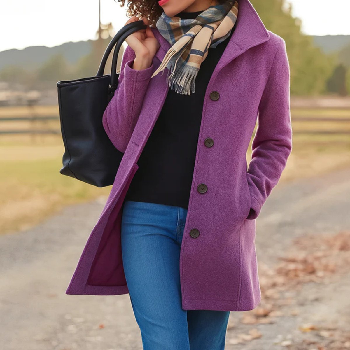 Women's Classic Mid-Length Single-Breasted Wool-Look Coat - Purple