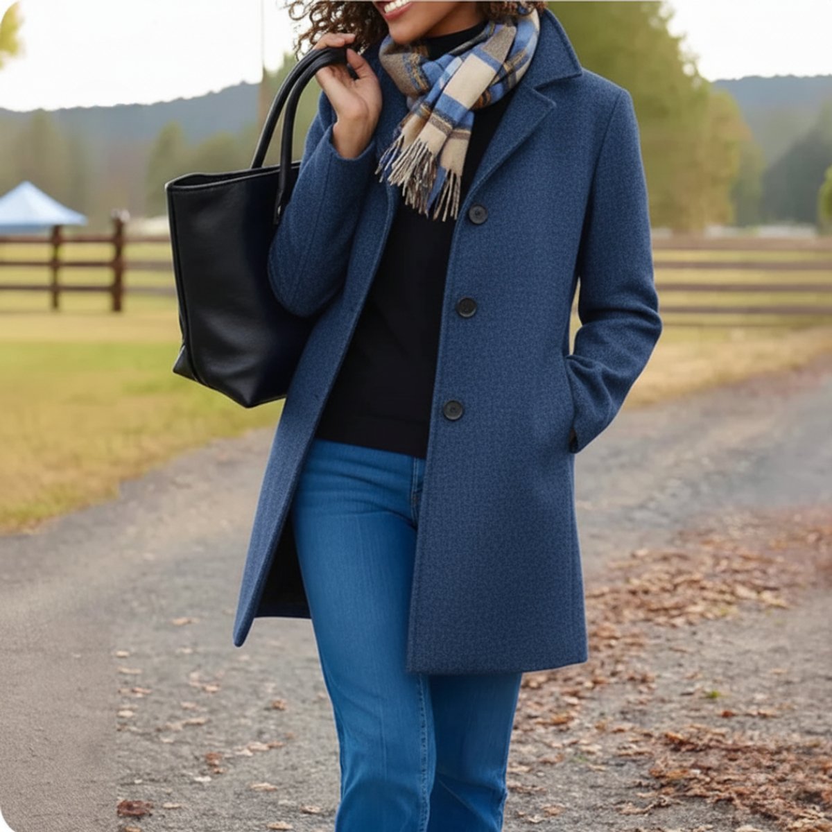 Women's Classic Mid-Length Single-Breasted Wool-Look Coat - Blue