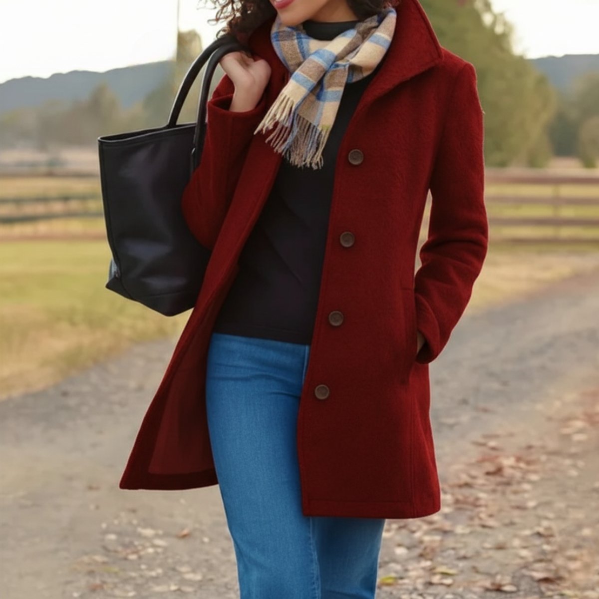 Women's Classic Mid-Length Single-Breasted Wool-Look Coat - Red