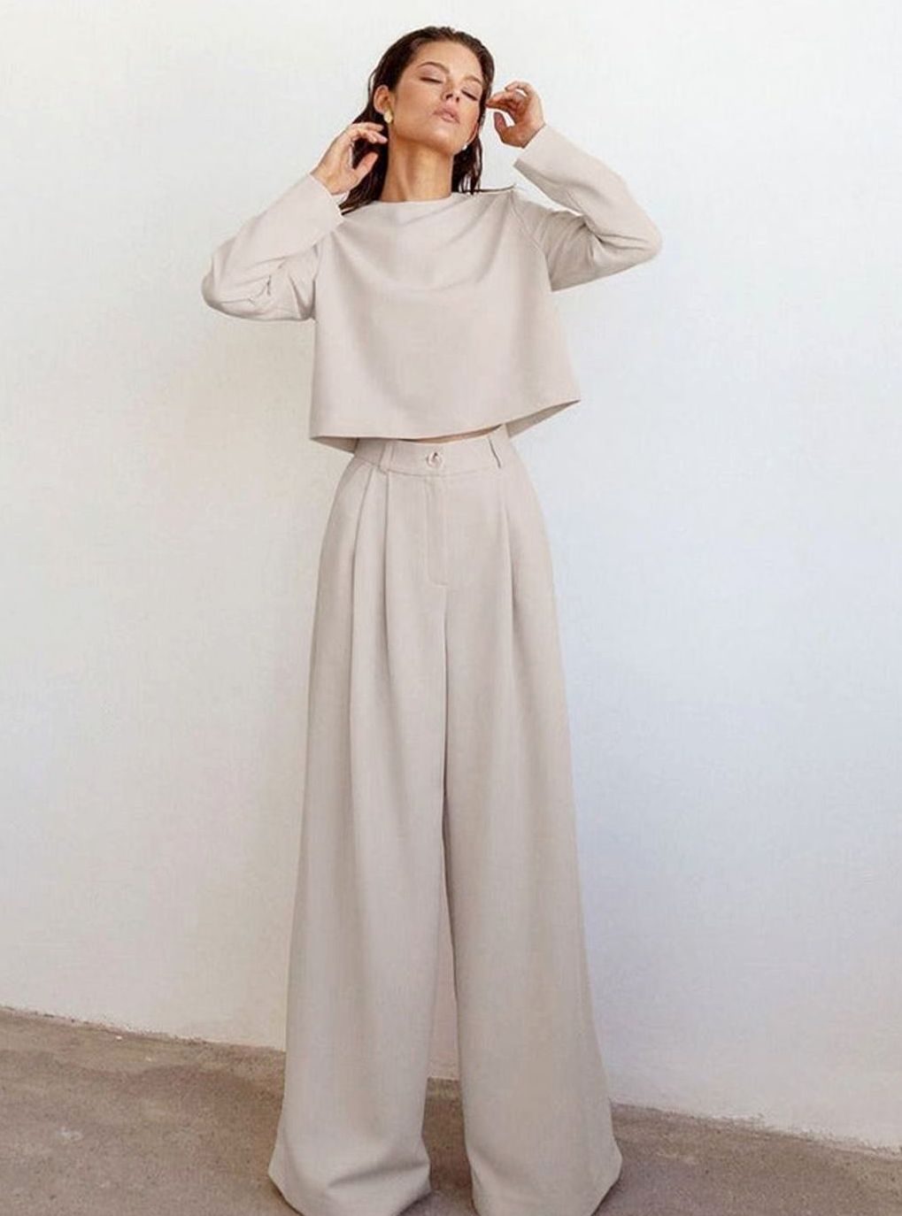 Women's Classic Wide-Leg Palazzo Two-Piece Set - Beige