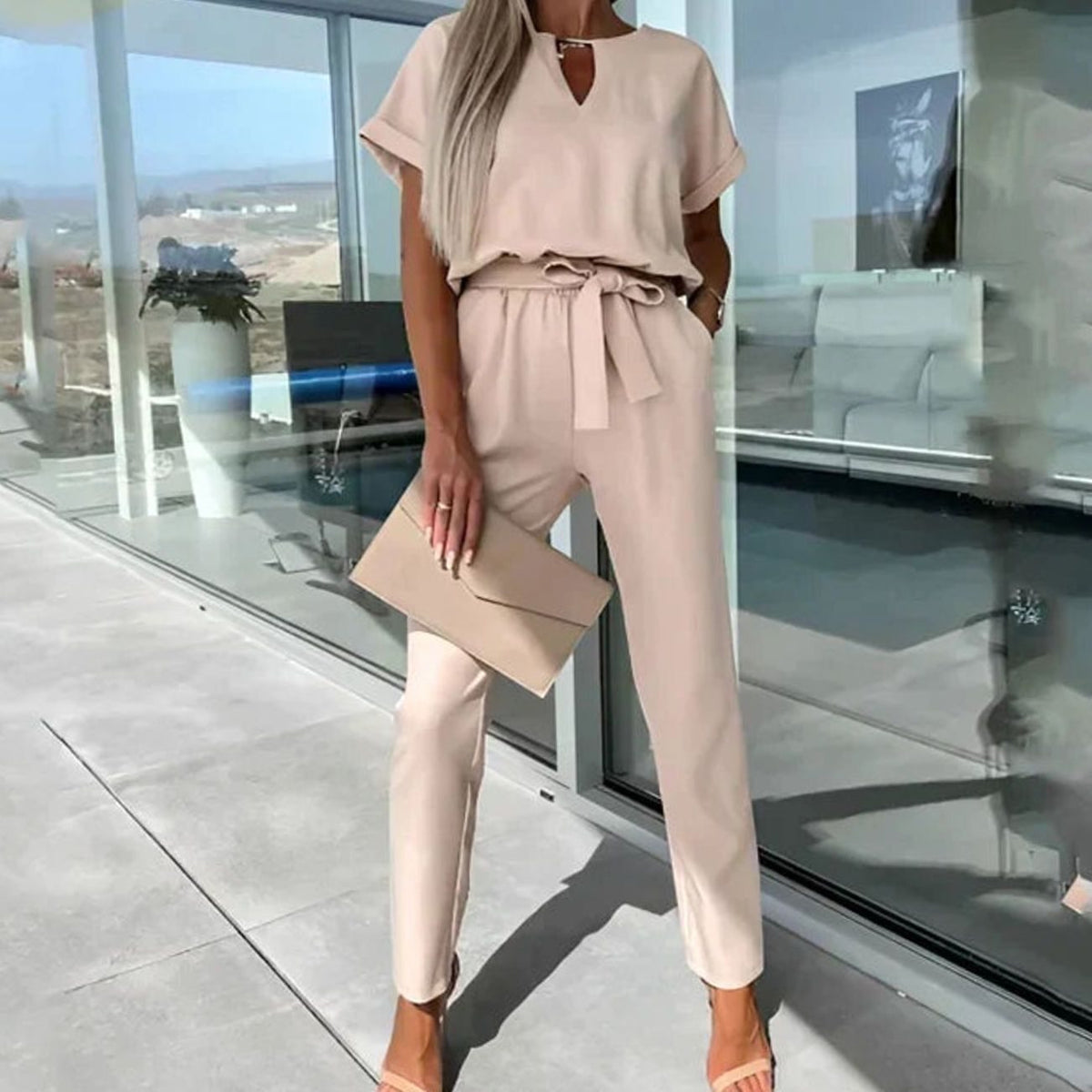 Women's Co-ord Two-Piece Set Short-Sleeve V-Neck Top Straight-Leg Trousers - Beige