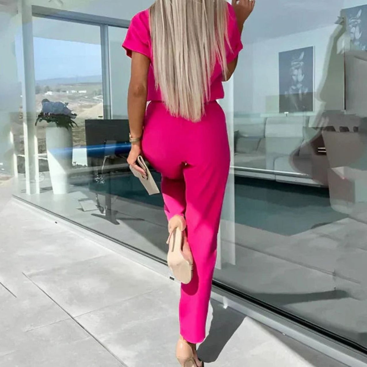 Women's Co-ord Two-Piece Set Short-Sleeve V-Neck Top Straight-Leg Trousers