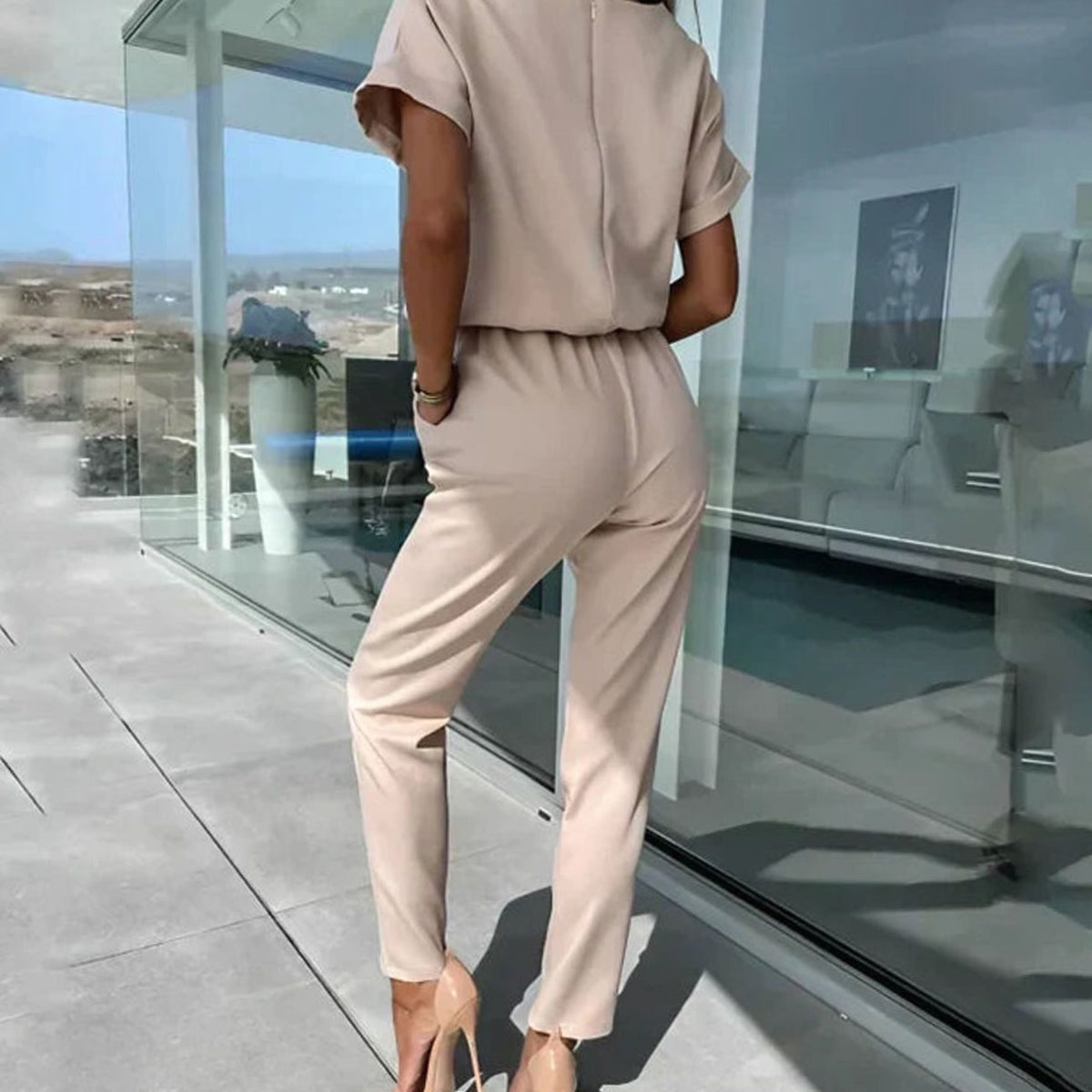Women's Co-ord Two-Piece Set Short-Sleeve V-Neck Top Straight-Leg Trousers