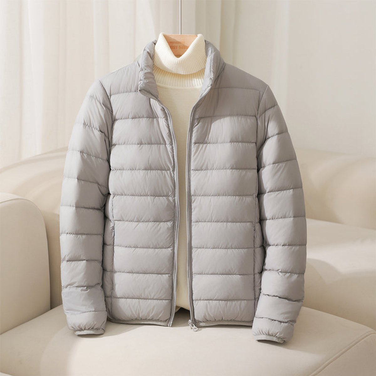 Women's Coat Lightweight Quilted Puffer Stand Collar Jacket - Grey