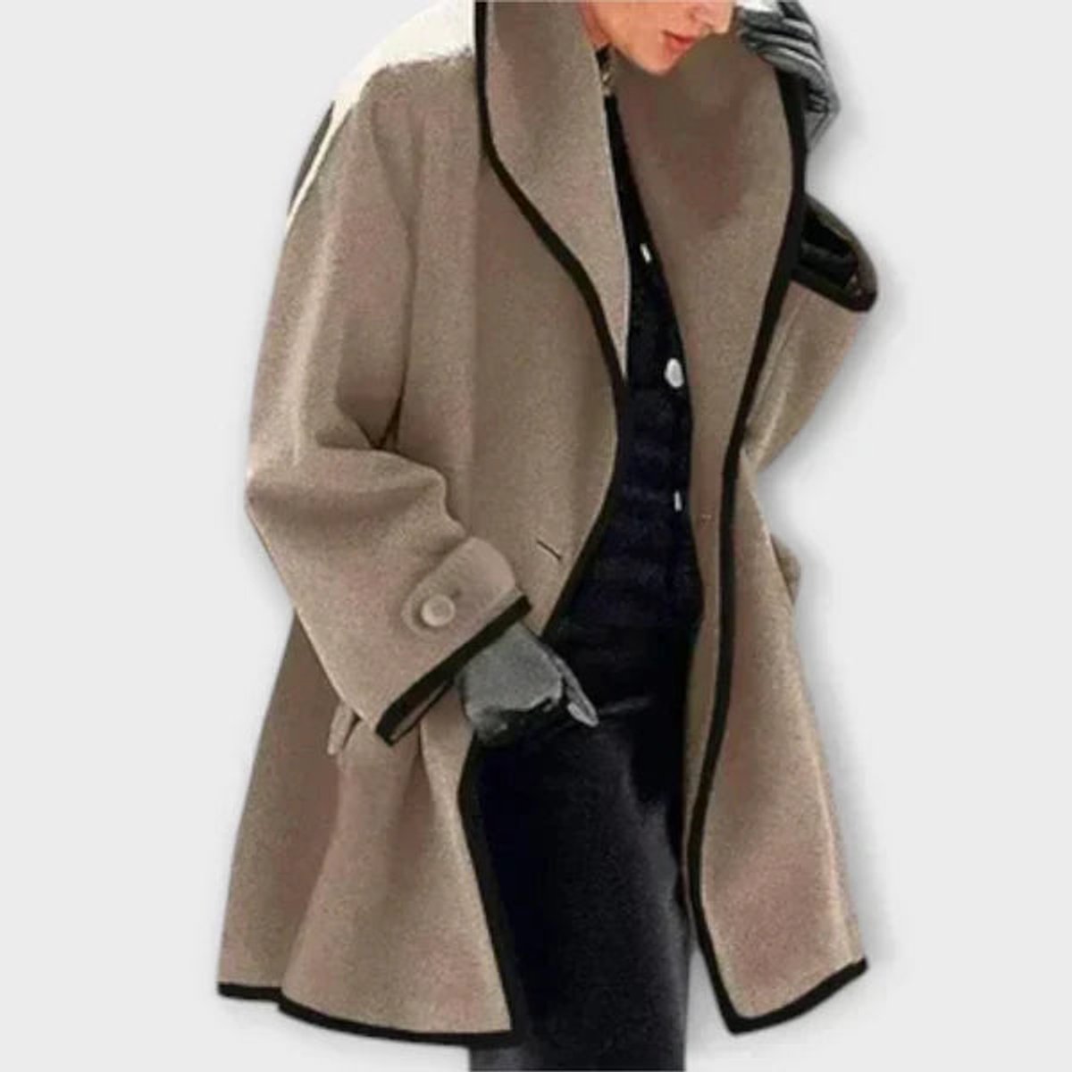 Women's Coat Oversized Wool-Blend Contrast-Trim Swing Coat - Khaki