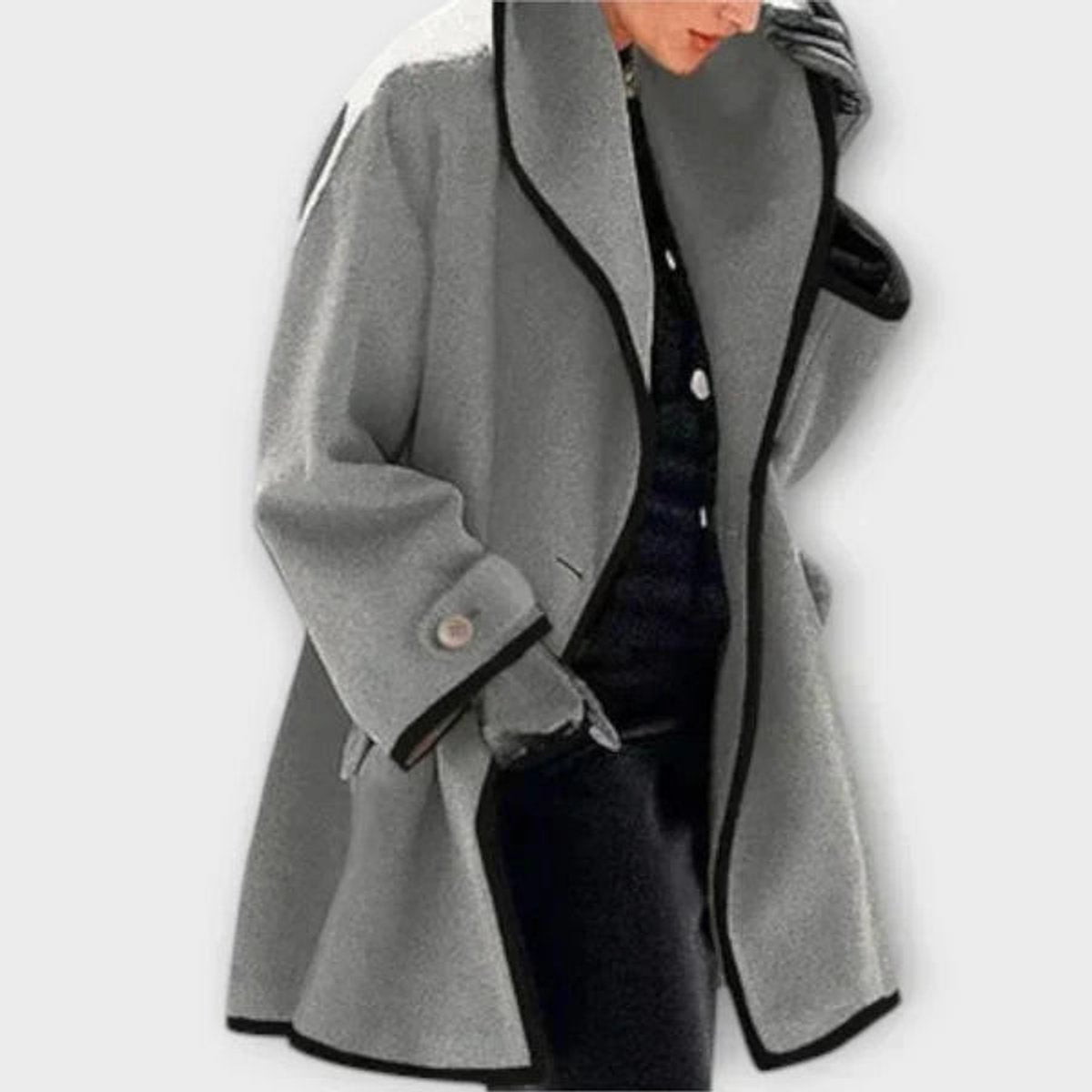 Women's Coat Oversized Wool-Blend Contrast-Trim Swing Coat - Grey