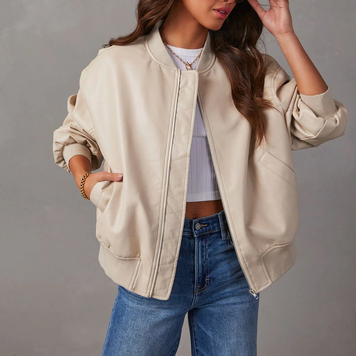 Womens Coat Relaxed Bomber Faux Leather Zip-Up Jacket - Cream