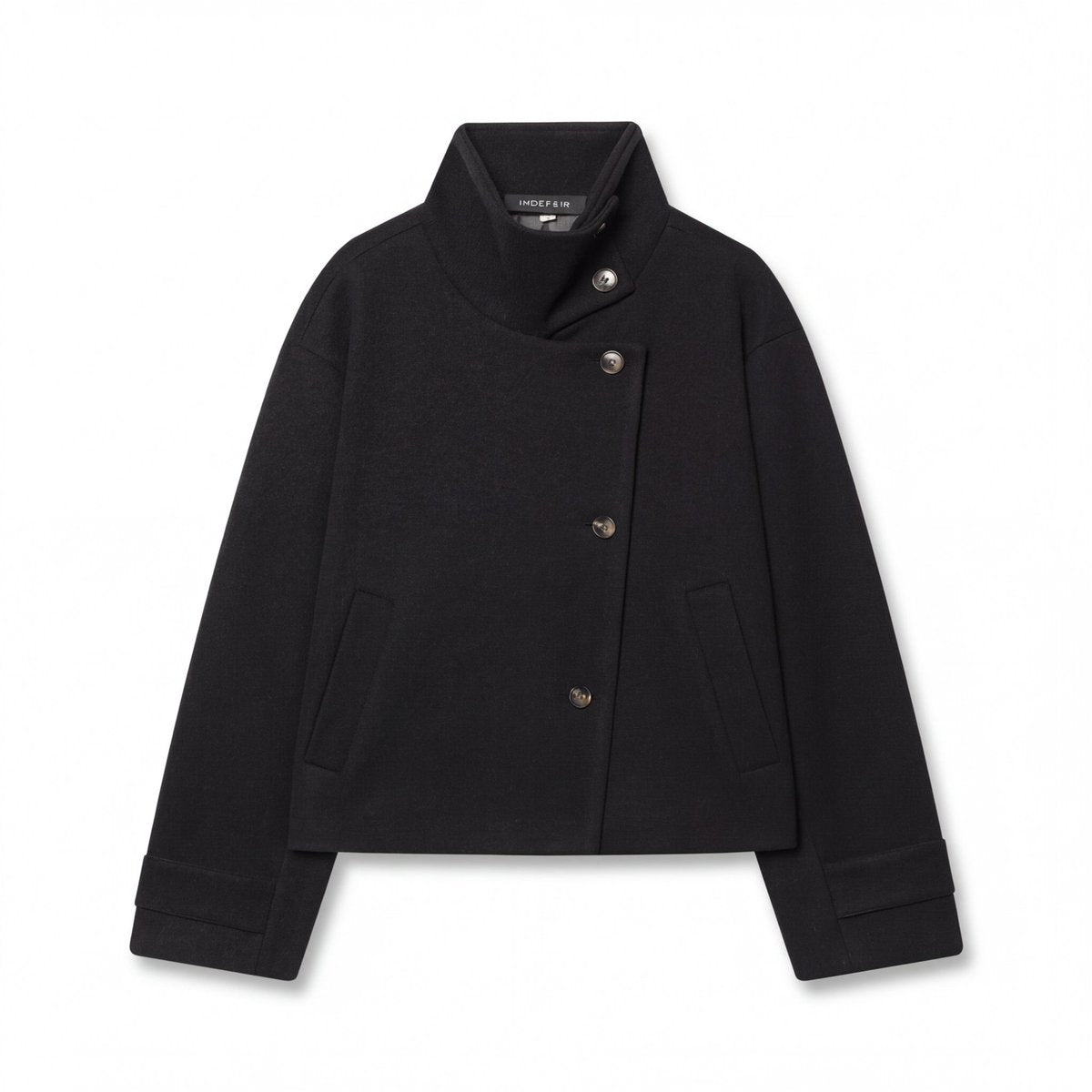 Women's Coat Wool Stand Collar Asymmetric Button Jacket - Black