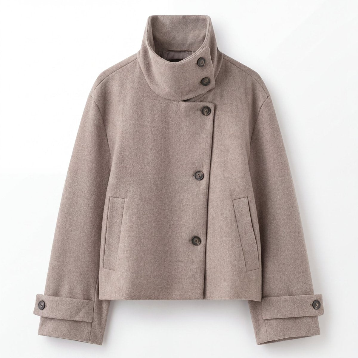 Women's Coat Wool Stand Collar Asymmetric Button Jacket - Grey