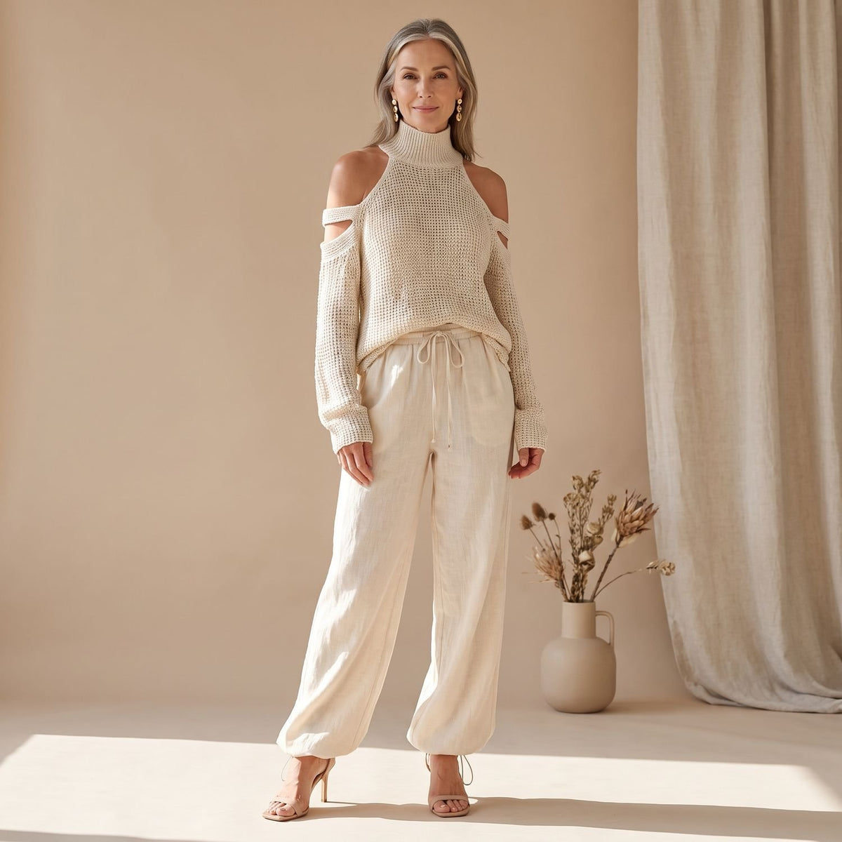 Women's Cold-Shoulder Knitted Coord Set Wide-Leg Trousers - Beige