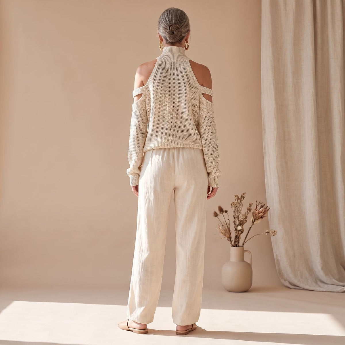 Women's Cold-Shoulder Knitted Coord Set Wide-Leg Trousers