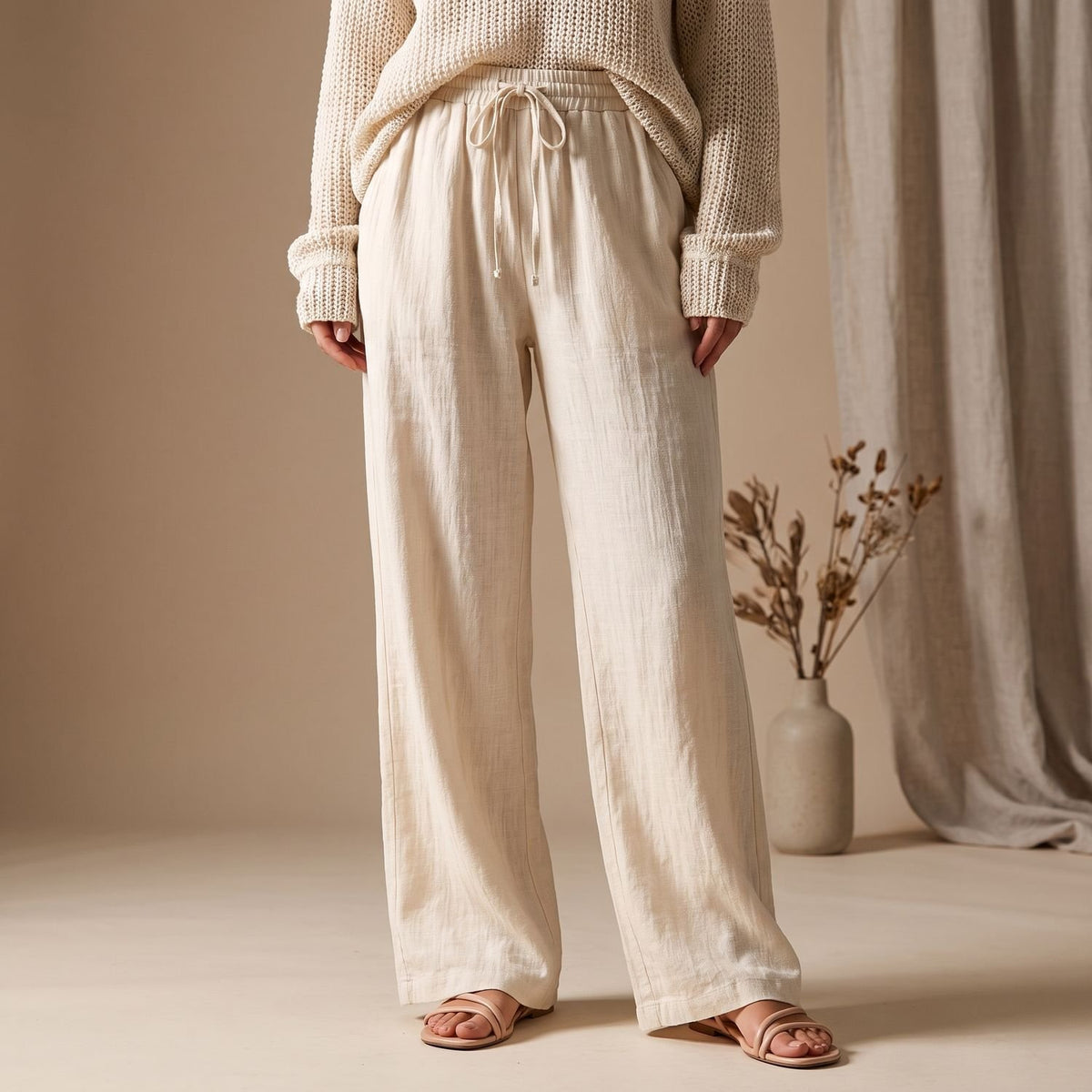 Women's Cold-Shoulder Knitted Coord Set Wide-Leg Trousers
