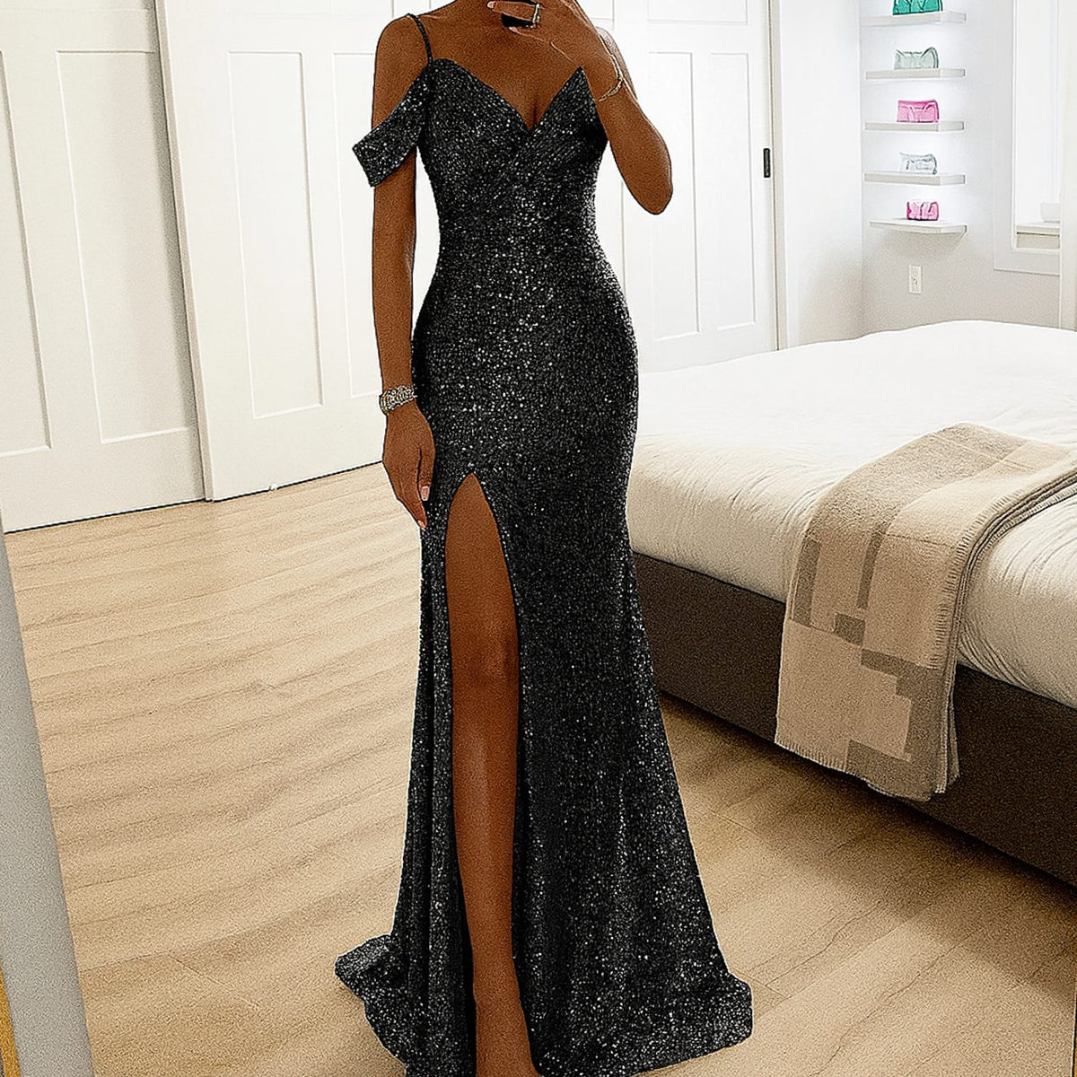 Women's Cold-Shoulder Sequin Mermaid Maxi Christmas Party Dress - Black