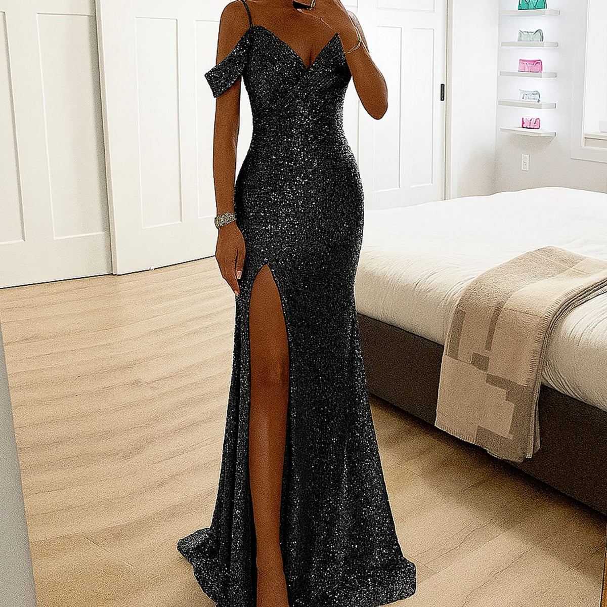 Women's Cold-Shoulder Sequin Mermaid Maxi Christmas Party Dress
