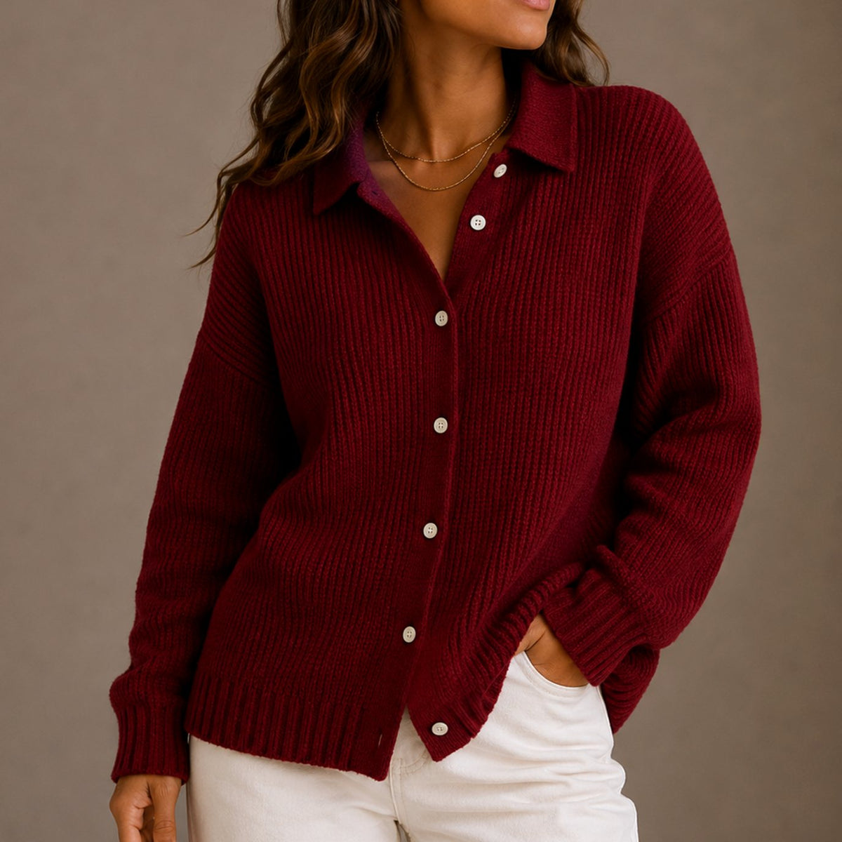 Women's Collared Button-Up Chunky Knit Cardigan Relaxed Fit - Red