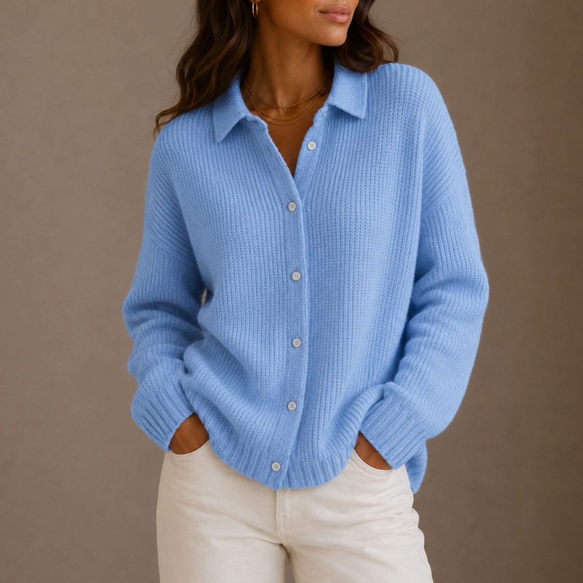 Women's Collared Button-Up Chunky Knit Cardigan Relaxed Fit - Light Blue