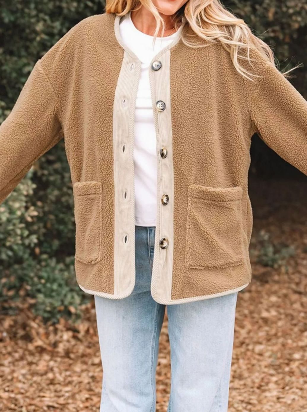 Women's Collarless Button-Front Teddy Jacket with Patch Pockets