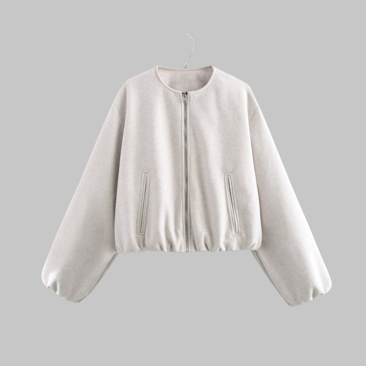 Women's Collarless Zip-Up Cropped Bomber Jacket - White