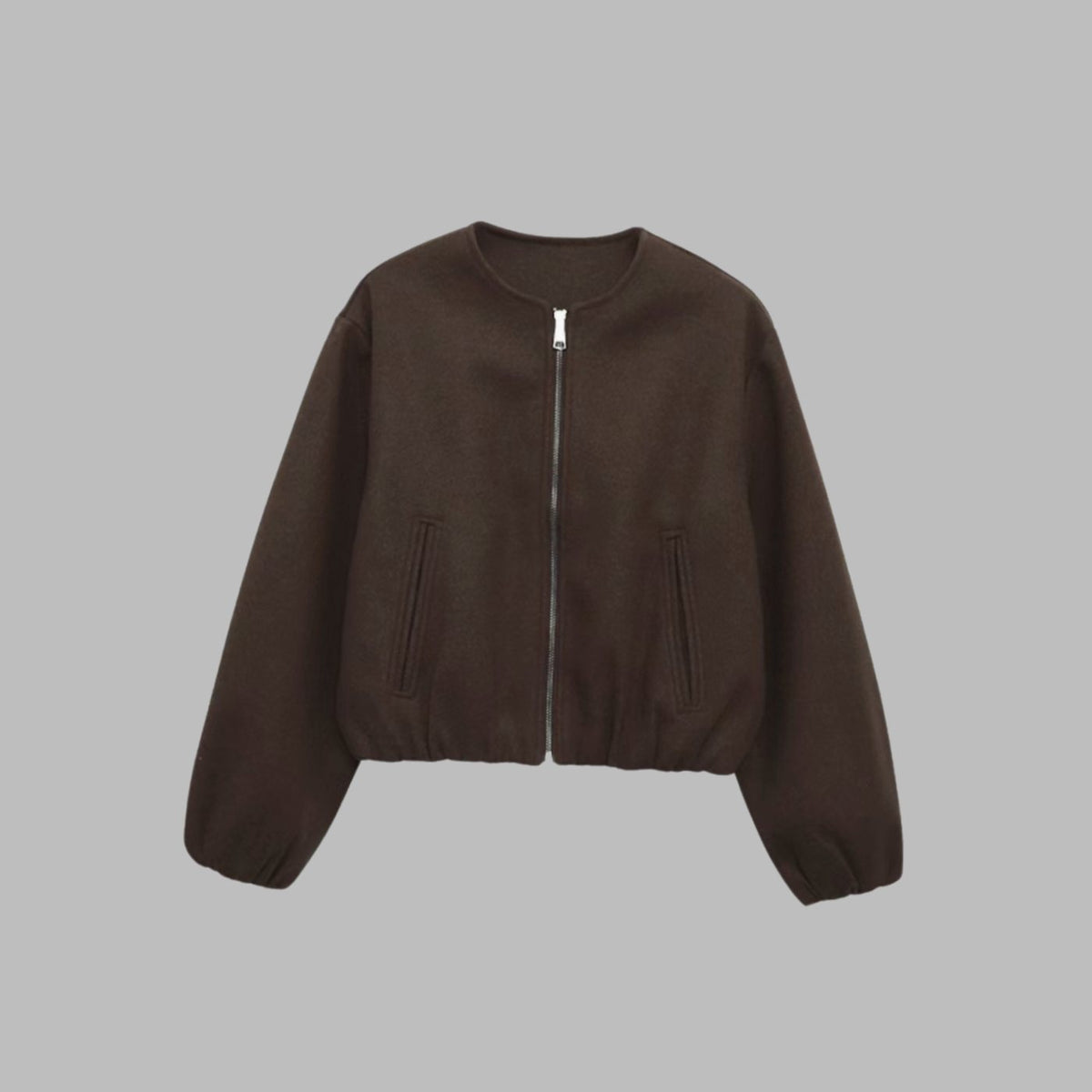 Women's Collarless Zip-Up Cropped Bomber Jacket - Brown