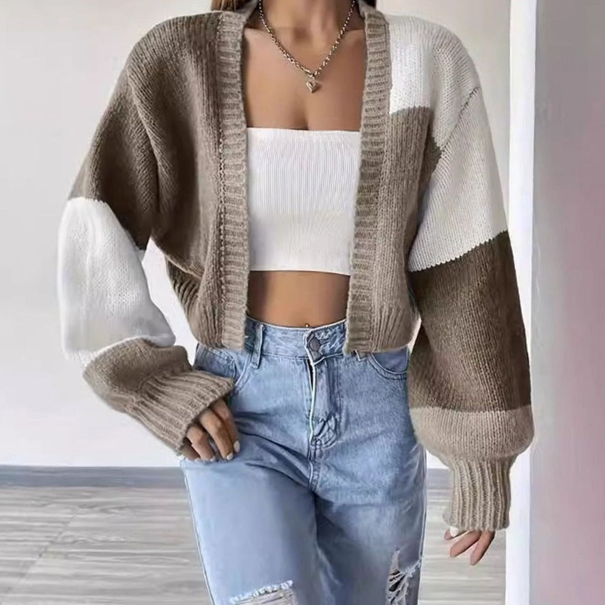 Women's Color Block Cropped Open-Front Balloon Sleeve Cardigan - Khaki