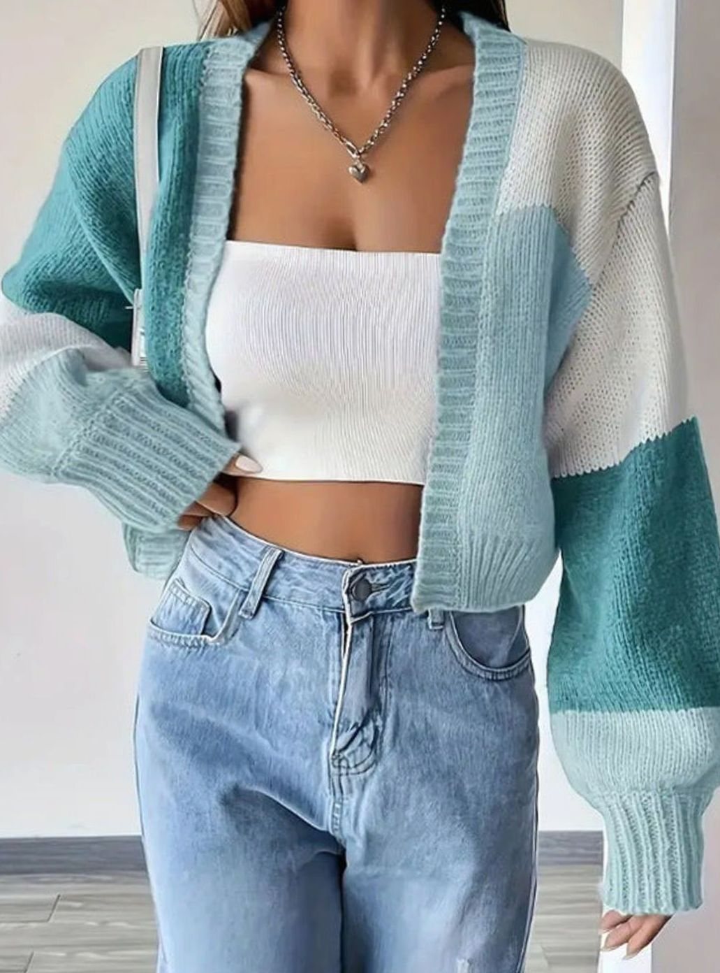 Women's Color Block Cropped Open-Front Balloon Sleeve Cardigan - Light Green