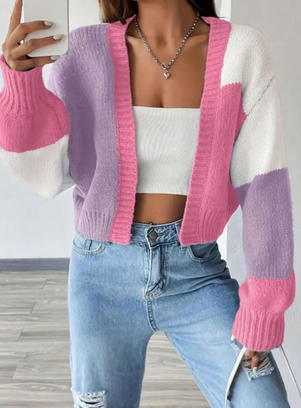 Women's Color Block Cropped Open-Front Balloon Sleeve Cardigan - Pink