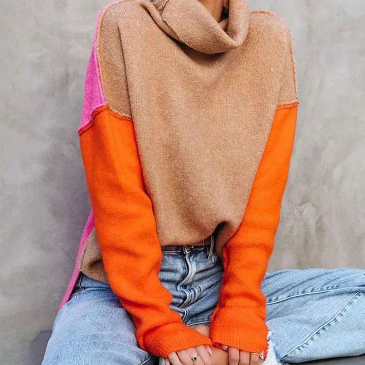 Women's Color Block Turtleneck Relaxed-Fit Knit Sweater, Camel, Orange, Pink
